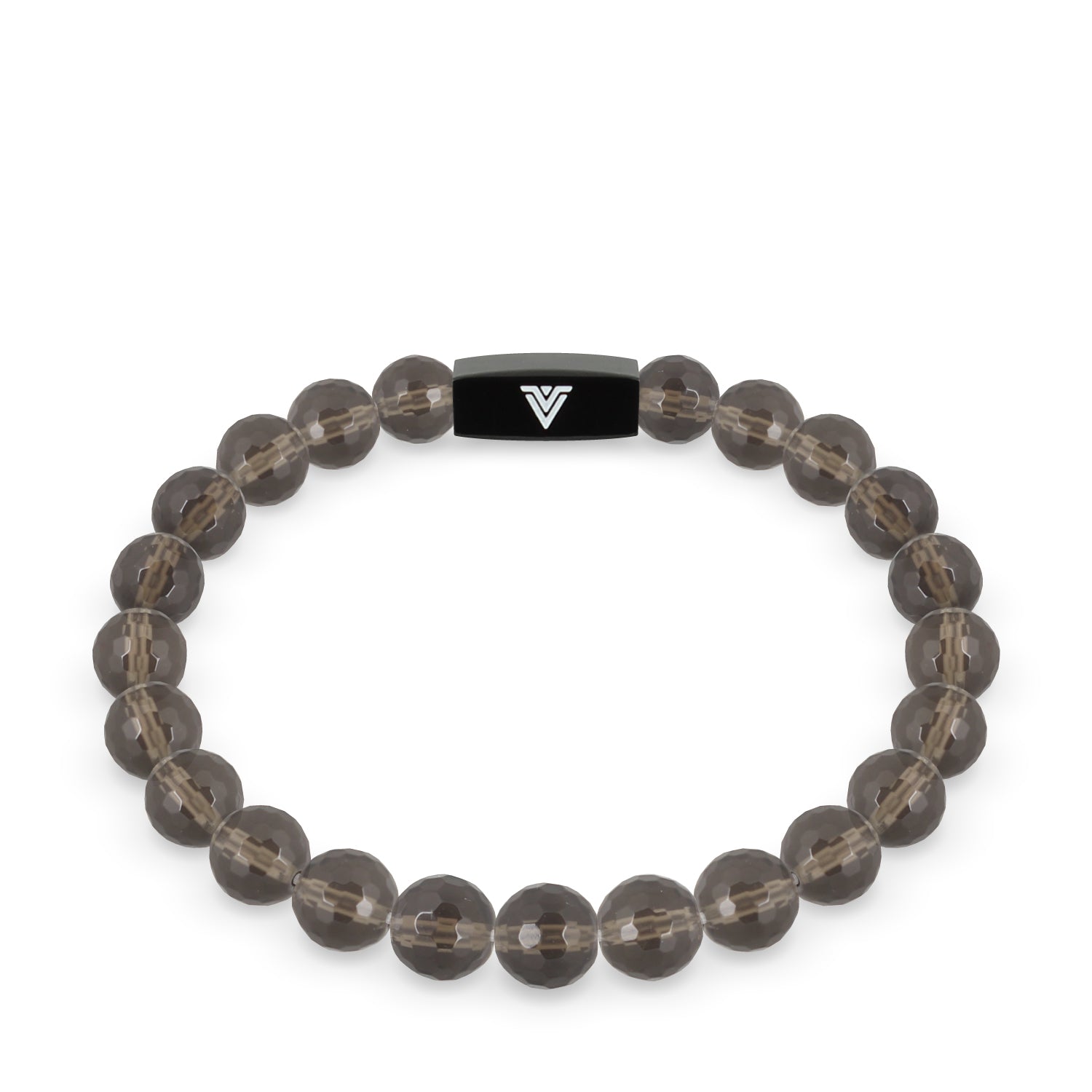 Front view of an 8mm Faceted Smoky Quartz crystal beaded stretch bracelet with black stainless steel logo bead made by Voltlin