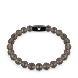 Front view of an 8mm Faceted Smoky Quartz crystal beaded stretch bracelet with black stainless steel logo bead made by Voltlin