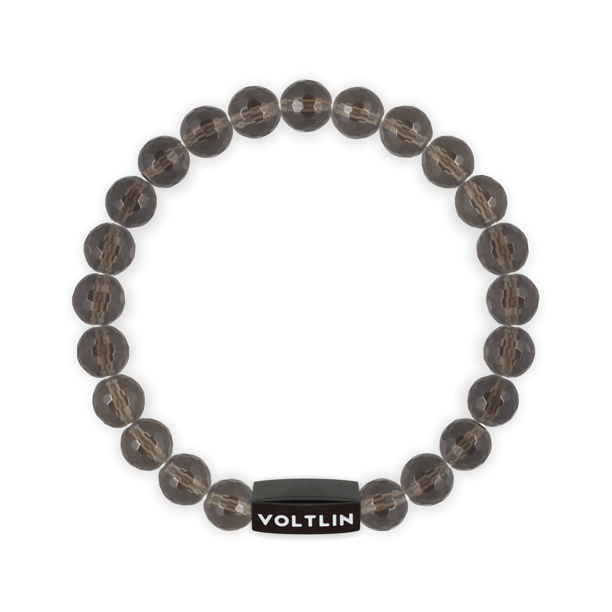 Top view of an 8mm Faceted Smoky Quartz crystal beaded stretch bracelet with black stainless steel logo bead made by Voltlin
