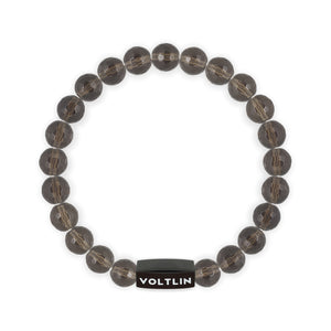 Top view of an 8mm Faceted Smoky Quartz crystal beaded stretch bracelet with black stainless steel logo bead made by Voltlin