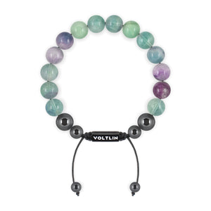 Top view of a 10mm Fluorite crystal beaded shamballa bracelet with black stainless steel logo bead made by Voltlin