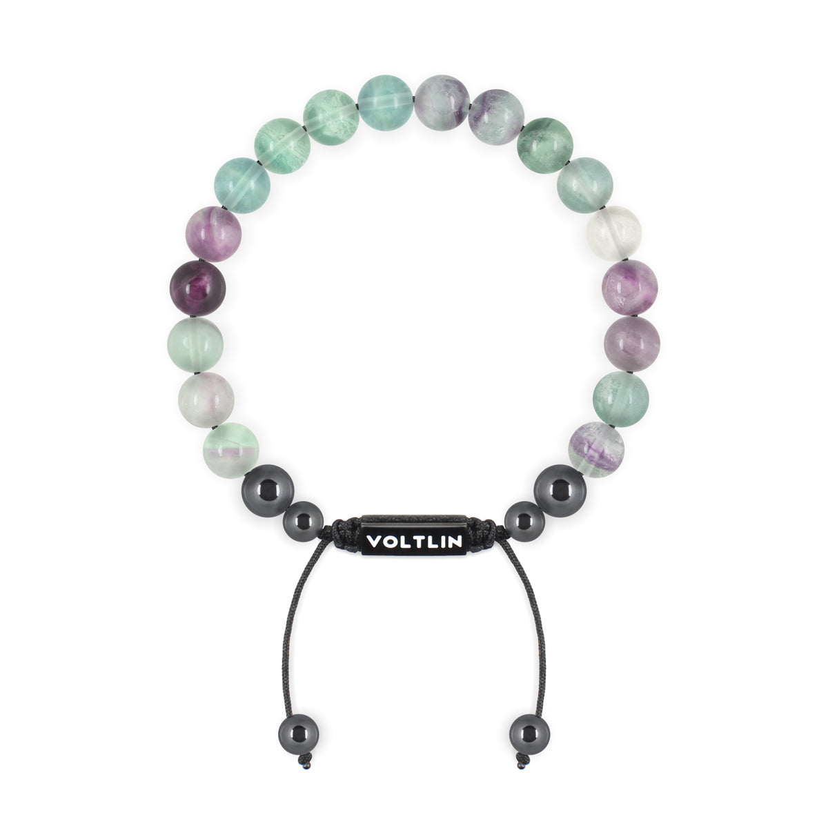 Top view of an 8mm Fluorite crystal beaded shamballa bracelet with black stainless steel logo bead made by Voltlin