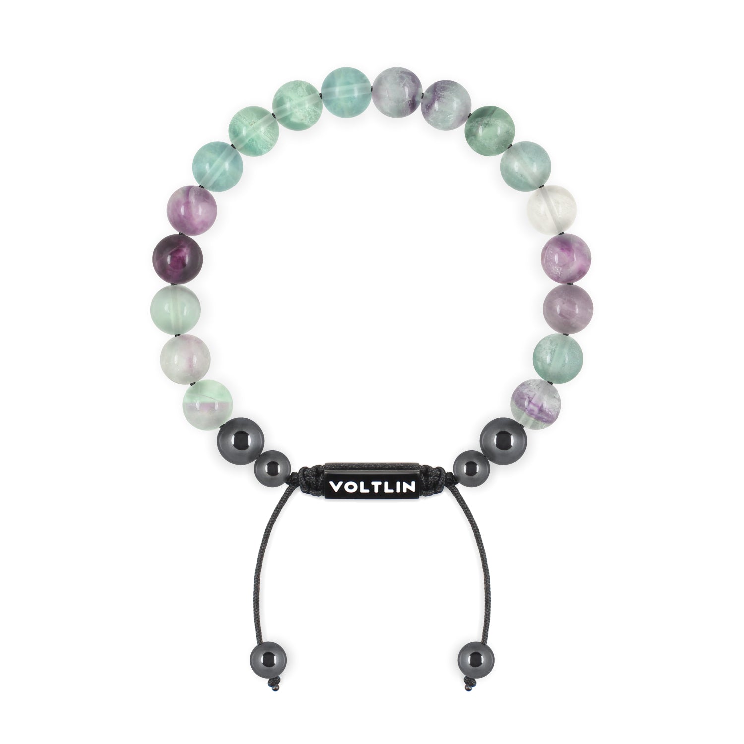 Top view of an 8mm Fluorite crystal beaded shamballa bracelet with black stainless steel logo bead made by Voltlin