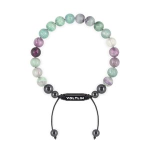 Top view of an 8mm Fluorite crystal beaded shamballa bracelet with black stainless steel logo bead made by Voltlin