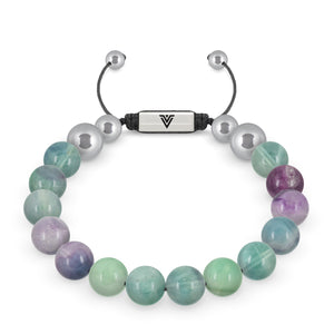 Front view of a 10mm Fluorite beaded shamballa bracelet with silver stainless steel logo bead made by Voltlin