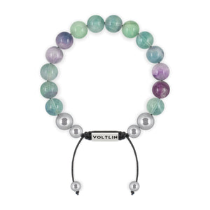 Top view of a 10mm Fluorite beaded shamballa bracelet with silver stainless steel logo bead made by Voltlin