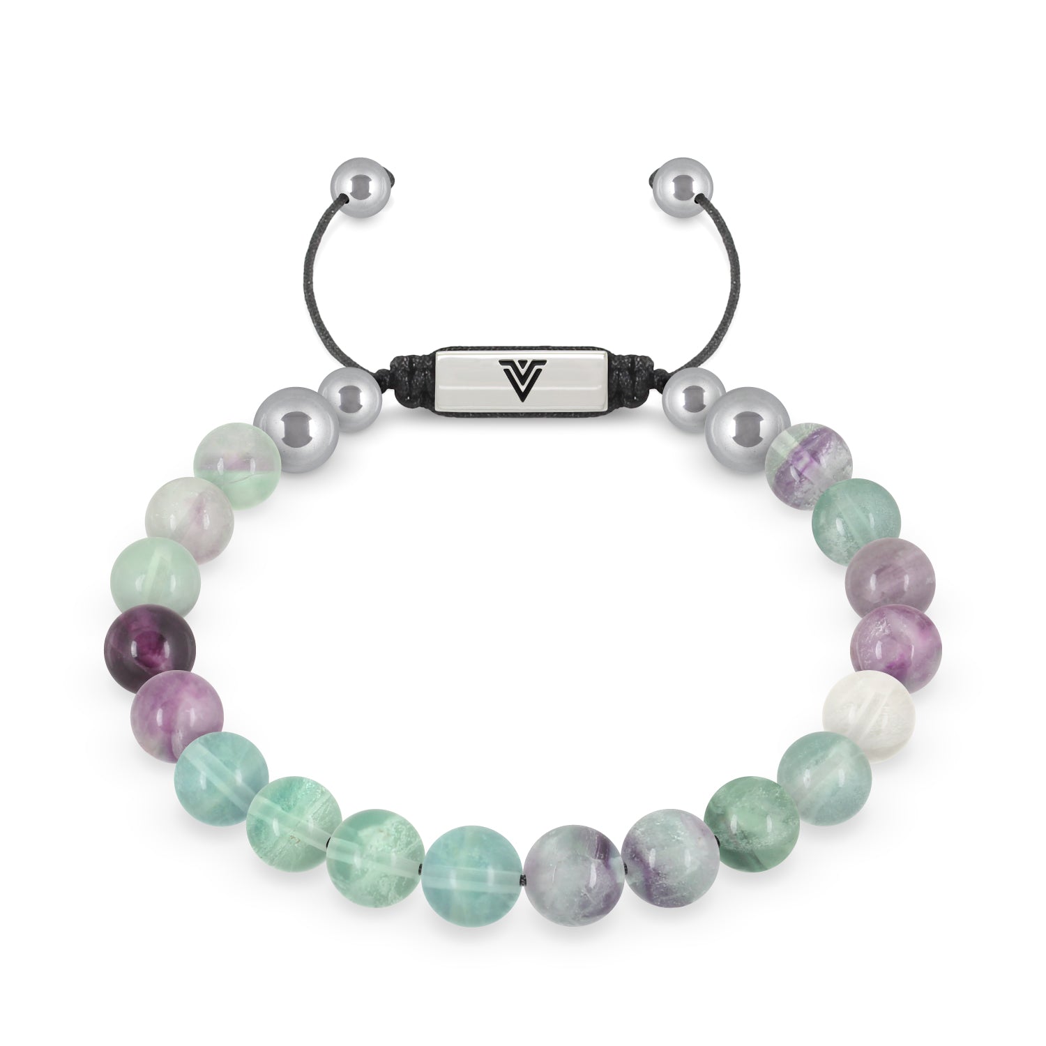 Front view of an 8mm Fluorite beaded shamballa bracelet with silver stainless steel logo bead made by Voltlin