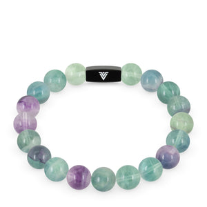 Front view of a 10mm Fluorite crystal beaded stretch bracelet with black stainless steel logo bead made by Voltlin