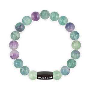 Top view of a 10mm Fluorite crystal beaded stretch bracelet with black stainless steel logo bead made by Voltlin