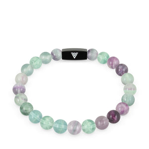 Front view of an 8mm Fluorite crystal beaded stretch bracelet with black stainless steel logo bead made by Voltlin