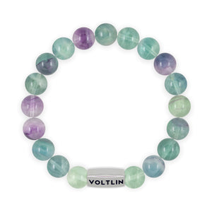 Top view of a 10mm Fluorite beaded stretch bracelet with silver stainless steel logo bead made by Voltlin