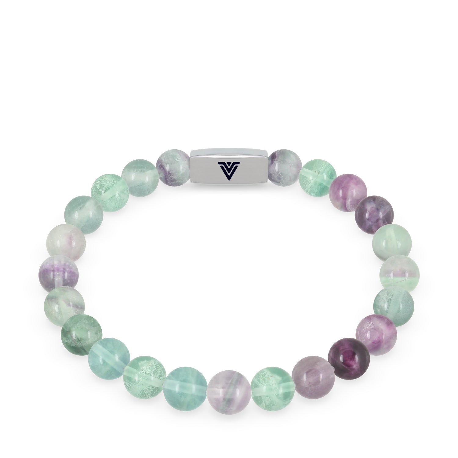 Front view of an 8mm Fluorite beaded stretch bracelet with silver stainless steel logo bead made by Voltlin