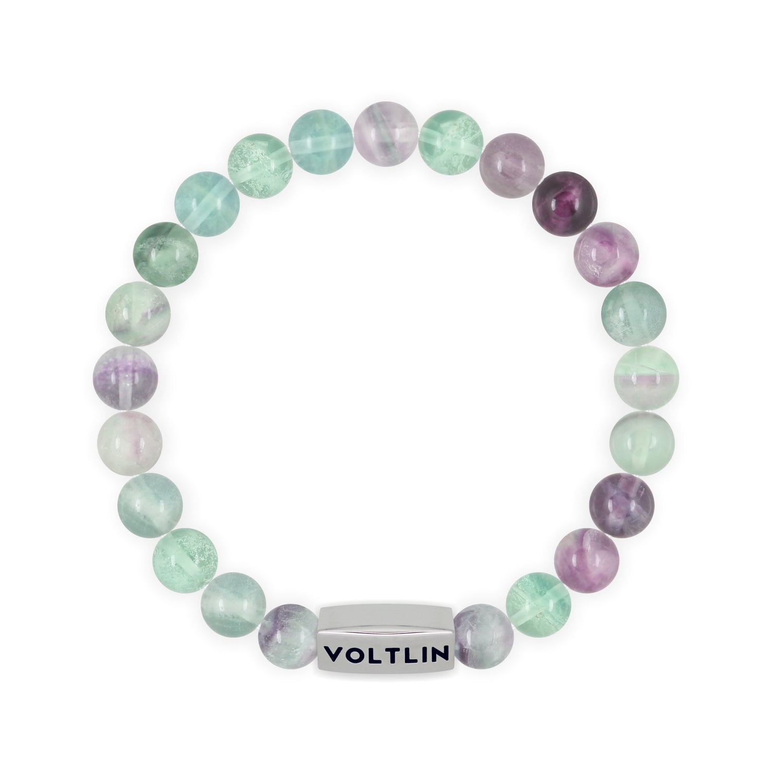 Front view of an 8mm Fluorite beaded stretch bracelet with silver stainless steel logo bead made by Voltlin