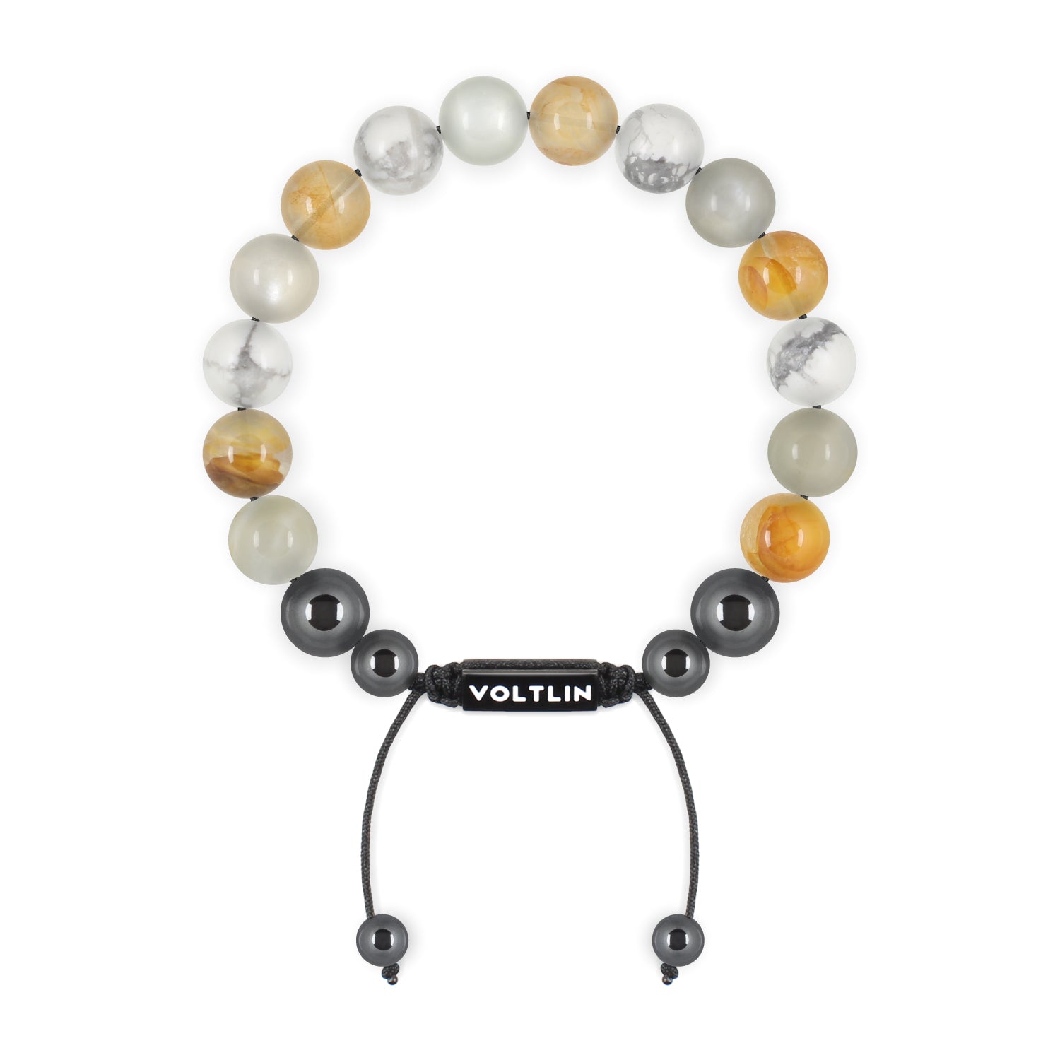 Top view of a 10mm Gemini Zodiac crystal beaded shamballa bracelet with black stainless steel logo bead made by Voltlin