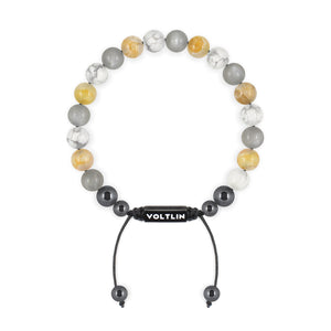 Top view of an 8mm Gemini Zodiac crystal beaded shamballa bracelet with black stainless steel logo bead made by Voltlin