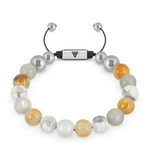 Front view of a 10mm Gemini Zodiac beaded shamballa bracelet featuring Moonstone, Citrine, & Howlite crystal and silver stainless steel logo bead made by Voltlin