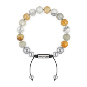 Top view of a 10mm Gemini Zodiac beaded shamballa bracelet featuring Moonstone, Citrine, & Howlite crystal and silver stainless steel logo bead made by Voltlin