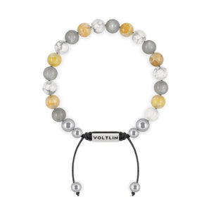 Top view of an 8mm Gemini Zodiac beaded shamballa bracelet featuring Moonstone, Citrine, & Howlite crystal and silver stainless steel logo bead made by Voltlin