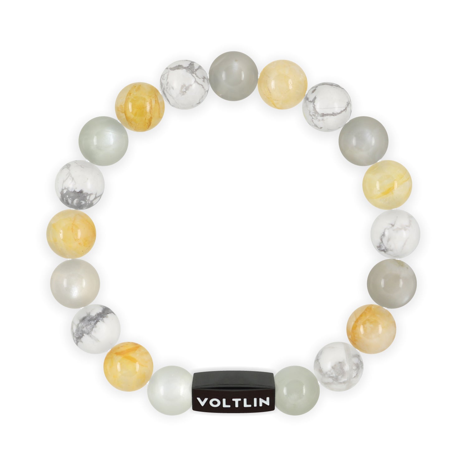 Top view of an 8mm Gemini Zodiac crystal beaded stretch bracelet with black stainless steel logo bead made by Voltlin