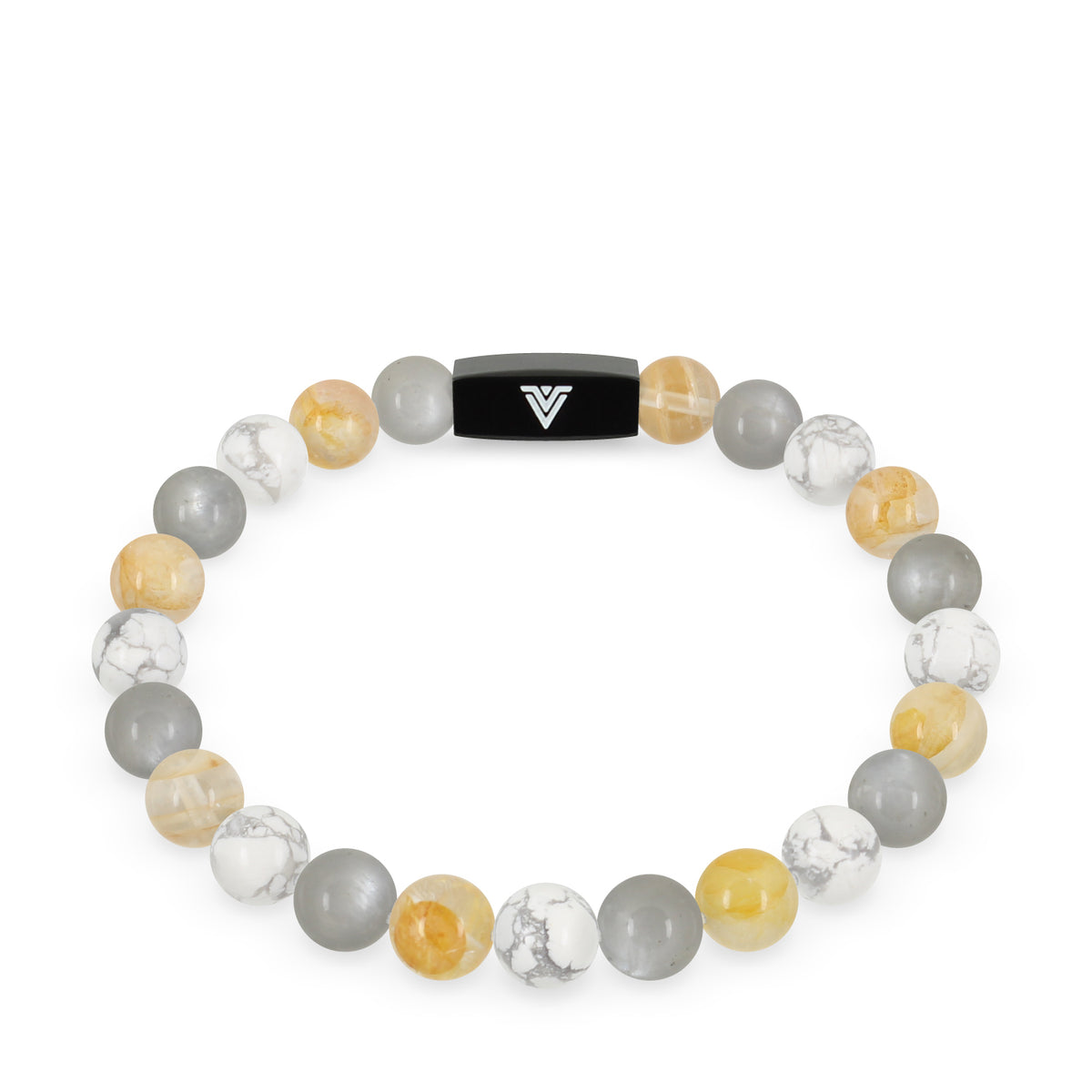 Front view of an 8mm Gemini Zodiac crystal beaded stretch bracelet with black stainless steel logo bead made by Voltlin