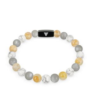 Front view of an 8mm Gemini Zodiac crystal beaded stretch bracelet with black stainless steel logo bead made by Voltlin
