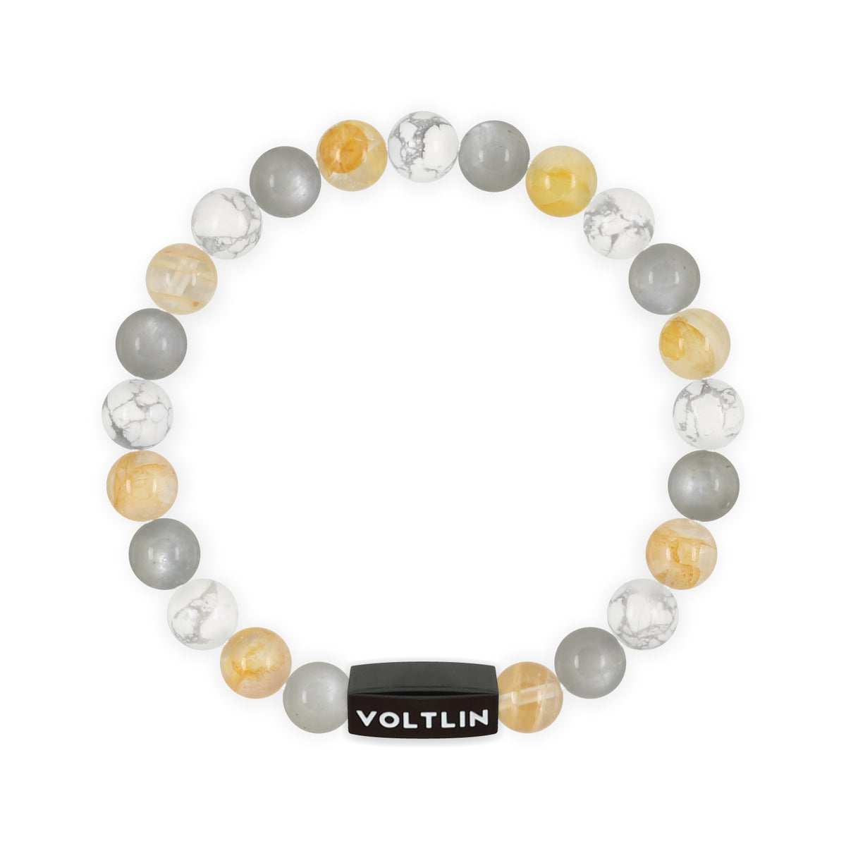 Top view of a 10mm Gemini Zodiac crystal beaded stretch bracelet with black stainless steel logo bead made by Voltlin