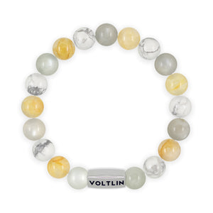 Top view of a 10mm Gemini Zodiac beaded stretch bracelet featuring Moonstone, Citrine, & Howlite crystal and silver stainless steel logo bead made by Voltlin