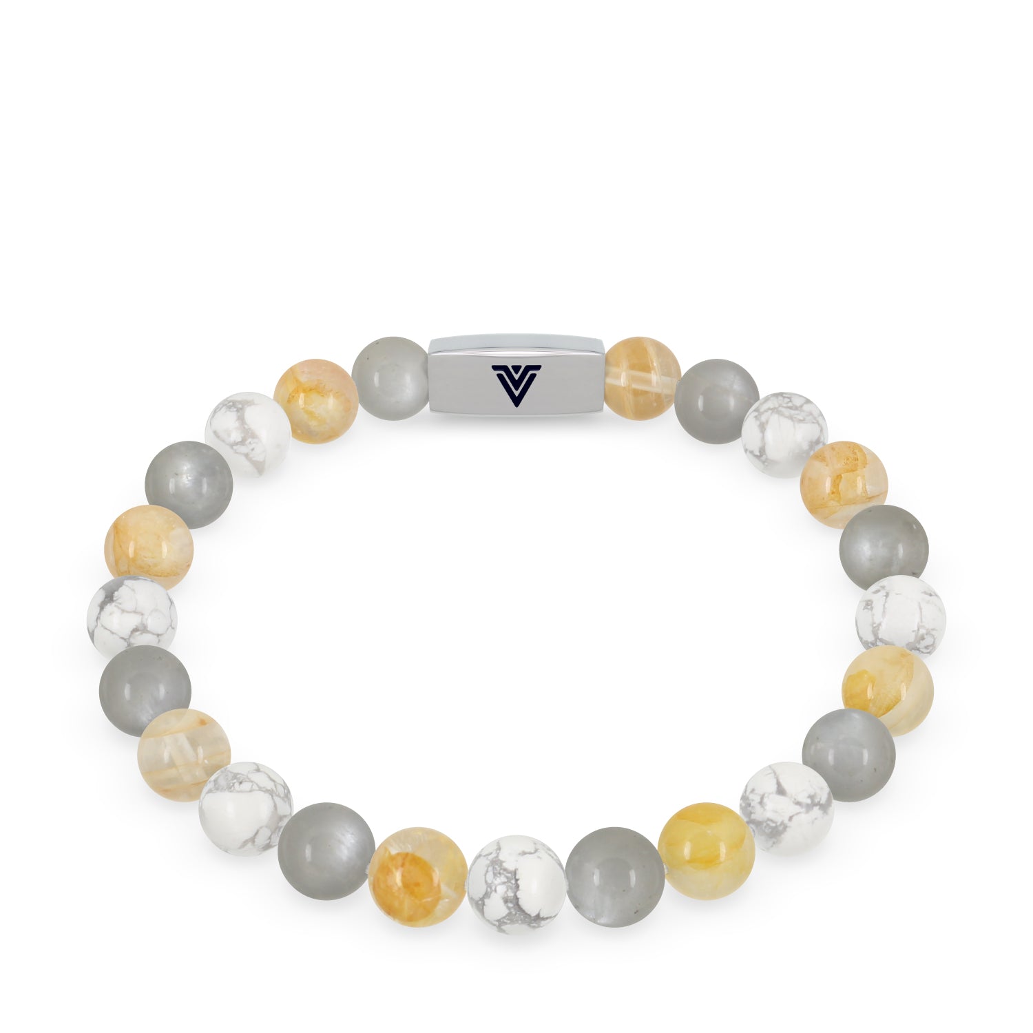 Front view of an 8mm Gemini Zodiac beaded stretch bracelet featuring Moonstone, Citrine, & Howlite crystal and silver stainless steel logo bead made by Voltlin