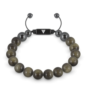  Front view of a 10mm Golden Obsidian crystal beaded shamballa bracelet with black stainless steel logo bead made by Voltlin