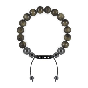 Top view of a 10mm Golden Obsidian crystal beaded shamballa bracelet with black stainless steel logo bead made by Voltlin