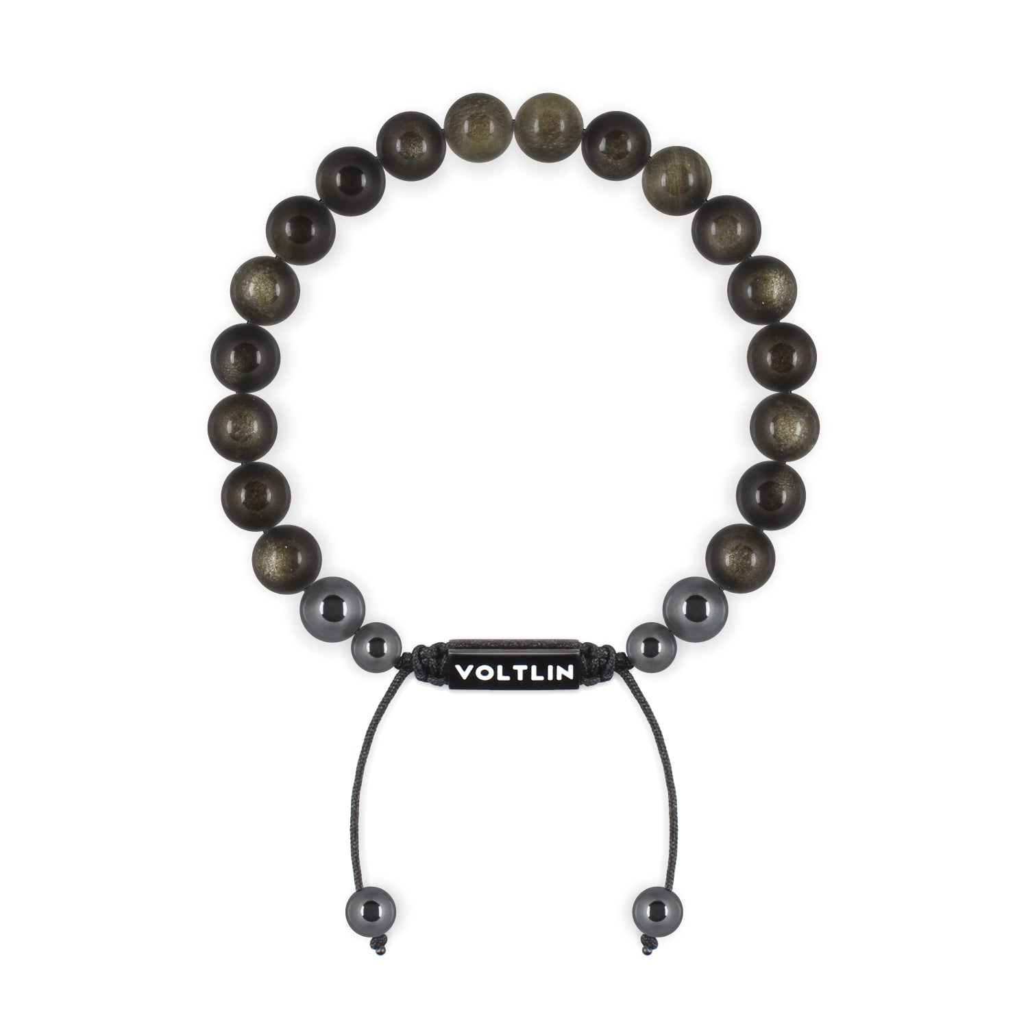 Front view of an 8mm Golden Obsidian crystal beaded shamballa bracelet with black stainless steel logo bead made by Voltlin