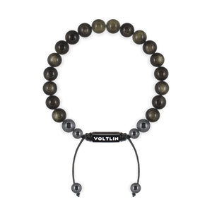Top view of an 8mm Golden Obsidian crystal beaded shamballa bracelet with black stainless steel logo bead made by Voltlin