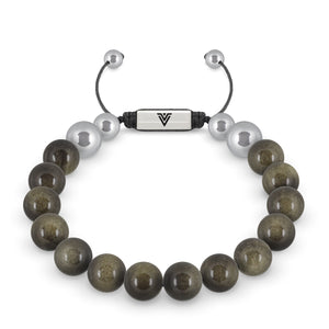 Front view of a 10mm Golden Obsidian beaded shamballa bracelet with silver stainless steel logo bead made by Voltlin
