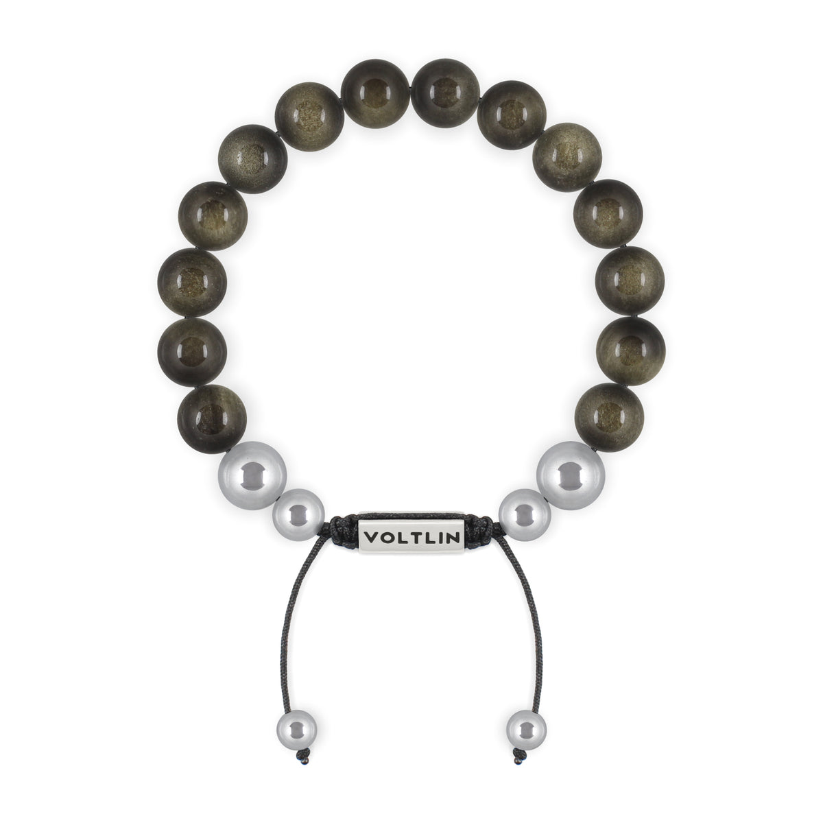Top view of a 10mm Golden Obsidian beaded shamballa bracelet with silver stainless steel logo bead made by Voltlin