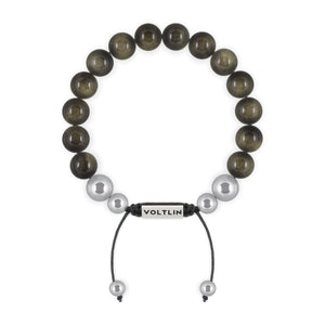 Top view of a 10mm Golden Obsidian beaded shamballa bracelet with silver stainless steel logo bead made by Voltlin