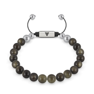 Front view of an 8mm Golden Obsidian beaded shamballa bracelet with silver stainless steel logo bead made by Voltlin