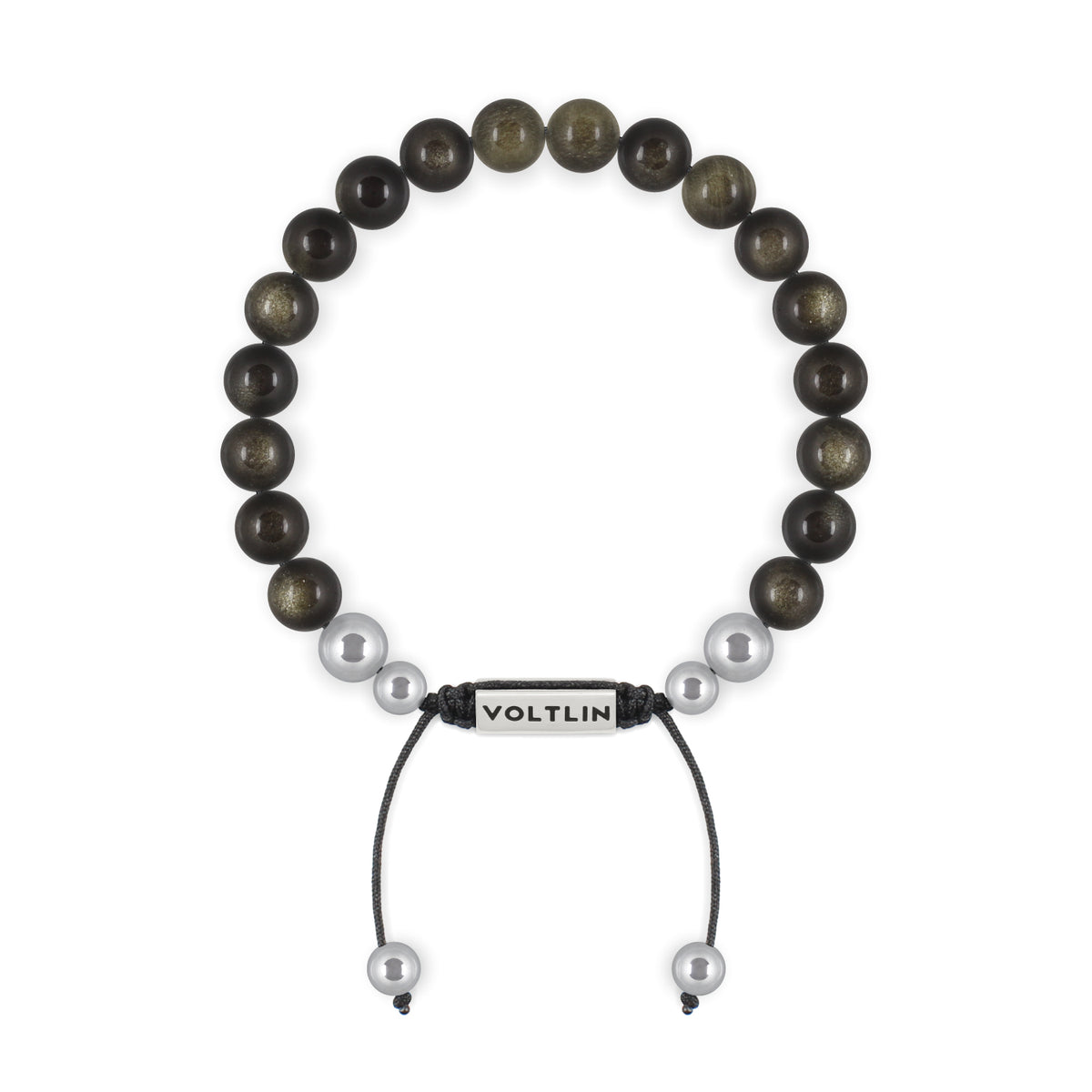 Top view of an 8mm Golden Obsidian beaded shamballa bracelet with silver stainless steel logo bead made by Voltlin