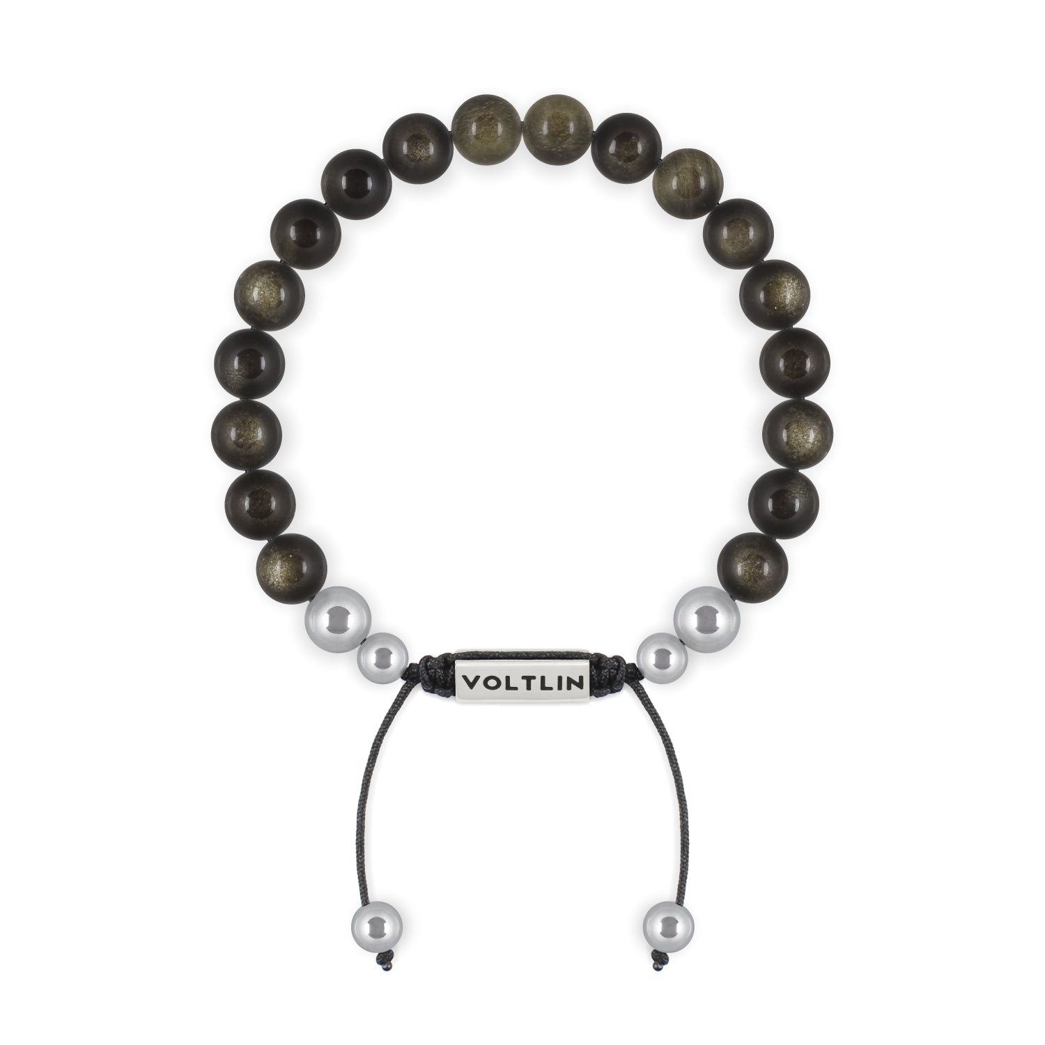 Top view of an 8mm Golden Obsidian beaded shamballa bracelet with silver stainless steel logo bead made by Voltlin