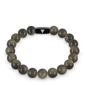 Front view of a 10mm Golden Obsidian crystal beaded stretch bracelet with black stainless steel logo bead made by Voltlin