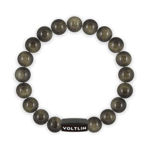 Top view of a 10mm Golden Obsidian crystal beaded stretch bracelet with black stainless steel logo bead made by Voltlin