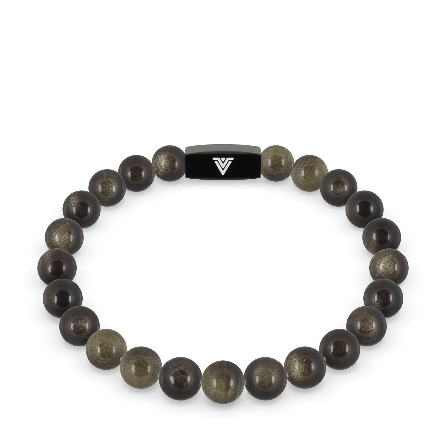 Front view of an 8mm Golden Obsidian crystal beaded stretch bracelet with black stainless steel logo bead made by Voltlin