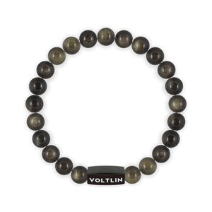 Top view of an 8mm Golden Obsidian crystal beaded stretch bracelet with black stainless steel logo bead made by Voltlin