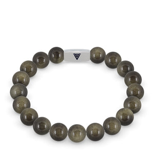 Front view of a 10mm Golden Obsidian beaded stretch bracelet with silver stainless steel logo bead made by Voltlin