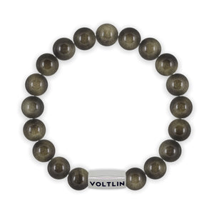 Top view of a 10mm Golden Obsidian beaded stretch bracelet with silver stainless steel logo bead made by Voltlin