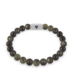 Front view of an 8mm Golden Obsidian beaded stretch bracelet with silver stainless steel logo bead made by Voltlin