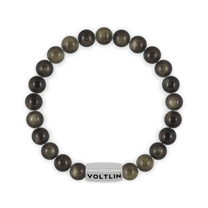 Top view of an 8mm Golden Obsidian beaded stretch bracelet with silver stainless steel logo bead made by Voltlin