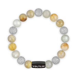 Top view of a 10 mm Golden Sirius beaded stretch bracelet featuring Rutilated Quartz, Silver Pave, Moonstone, & Citrine crystal and black stainless steel logo bead made by Voltlin