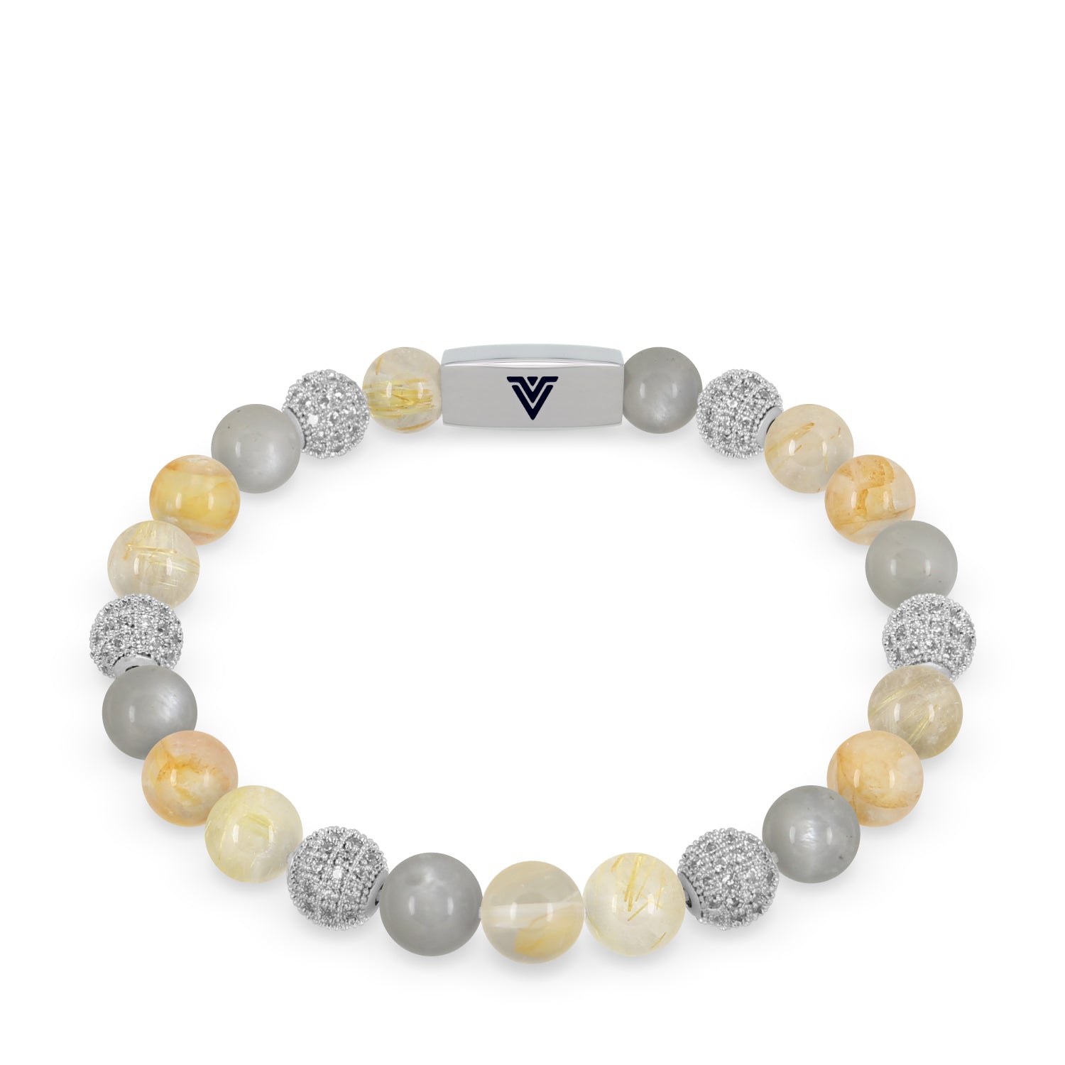 Front view of an 8mm Golden Sirius beaded stretch bracelet featuring Rutilated Quartz, Silver Pave, Moonstone, & Citrine crystal and silver stainless steel logo bead made by Voltlin