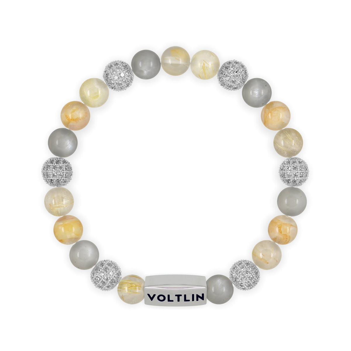 Top view of an 8mm Golden Sirius beaded stretch bracelet featuring Rutilated Quartz, Silver Pave, Moonstone, & Citrine crystal and silver stainless steel logo bead made by Voltlin