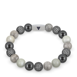 Front view of a 10mm Gray Sirius beaded stretch bracelet featuring Hematite, Steel Pave, Tourmalinated Quartz, & Moonstone crystal and silver stainless steel logo bead made by Voltlin